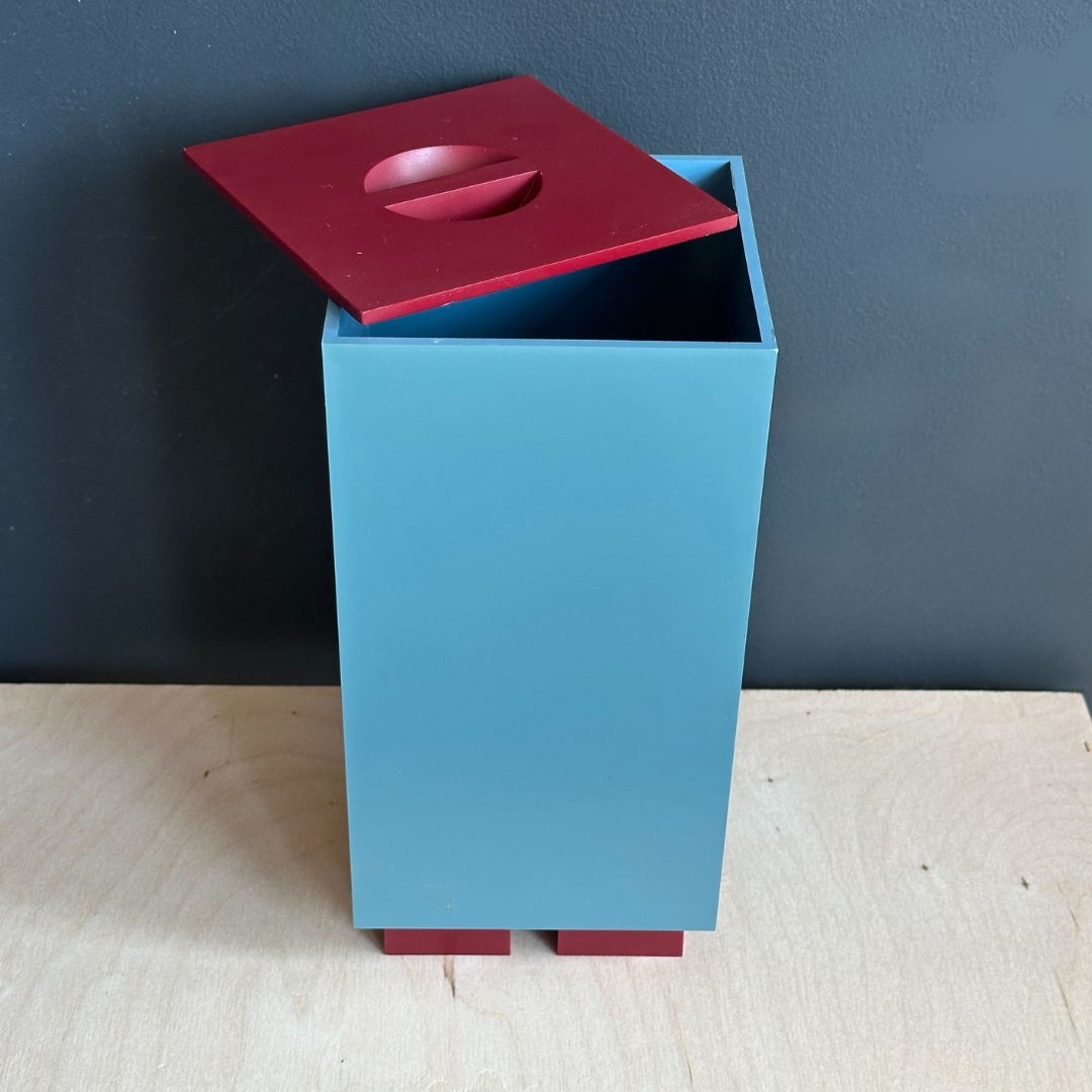 Michael Graves x Alessi blue canister with red lid and feet