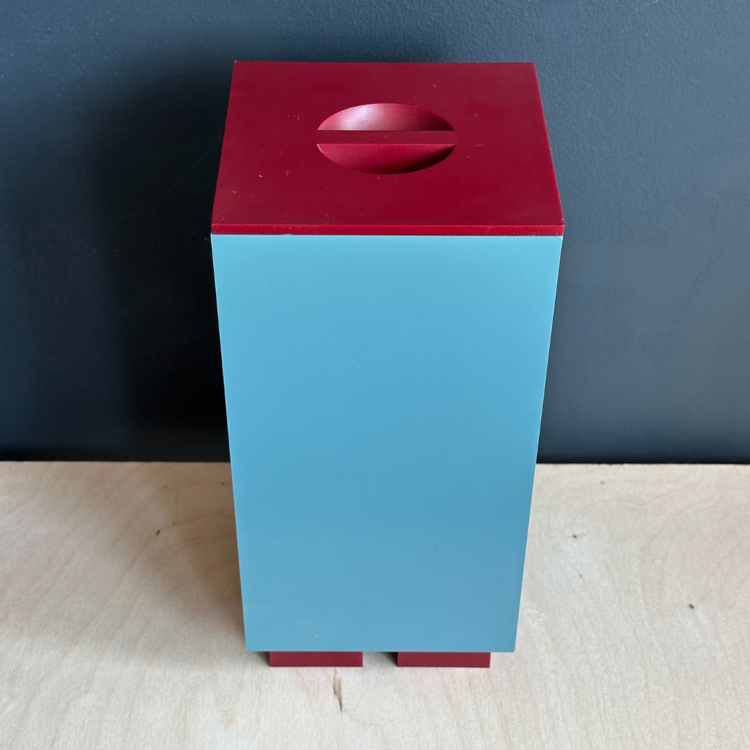 Michael Graves x Alessi blue canister with red lid and feet