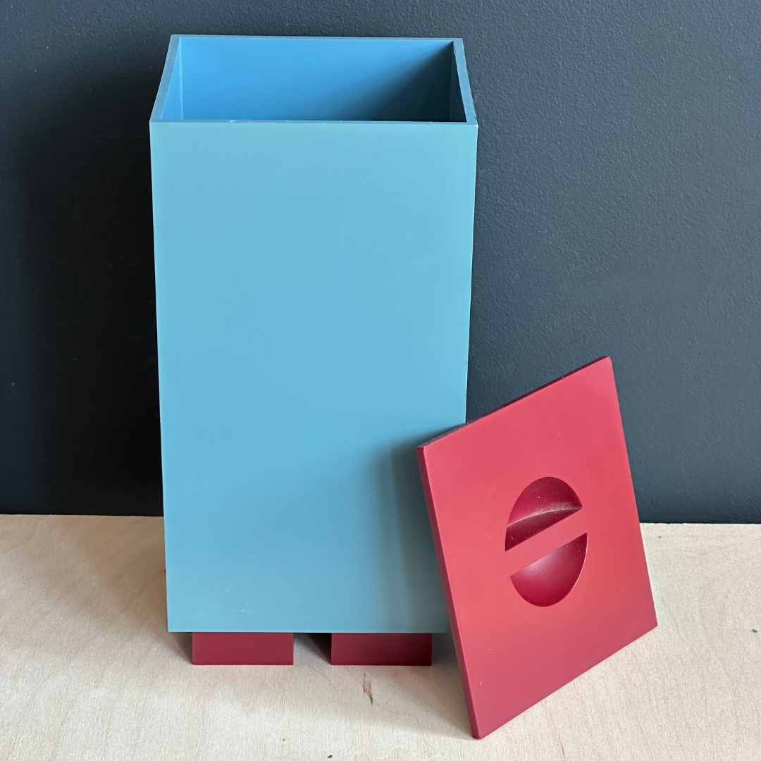 Michael Graves x Alessi blue canister with red lid and feet