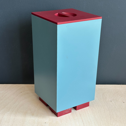 Michael Graves x Alessi blue canister with red lid and feet