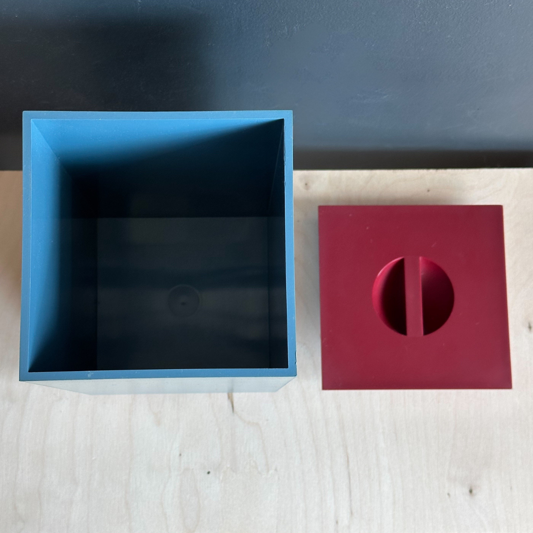 Michael Graves x Alessi blue canister with red lid and feet