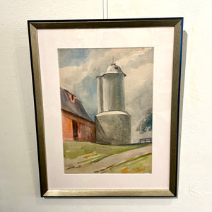 Vintage George Raab, Farm Silo, Watercolor, Framed