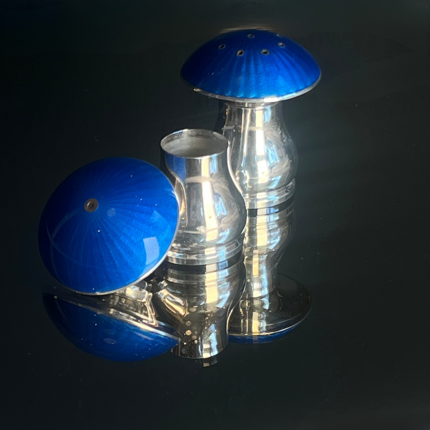 Midcentury Ela Denmark Sterling Silver & Blue Enamel Mushroom Salt & Pepper Set