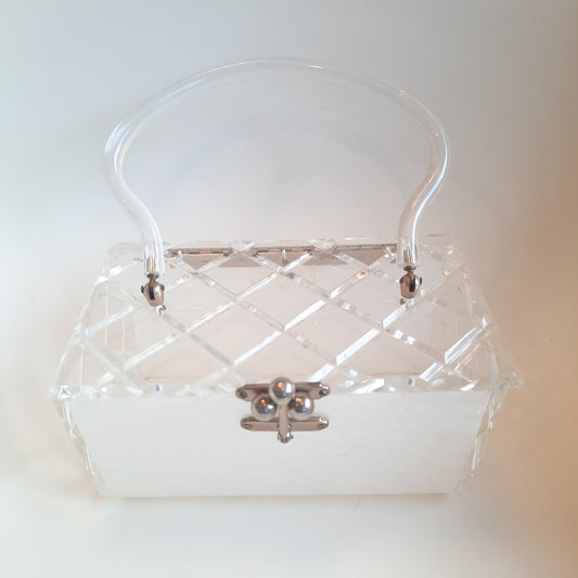 Vintage White Pearl & Clear Diamond Lucite Purse (1120b)