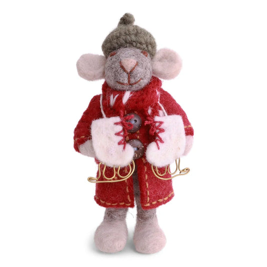 Gry & Sif Felt Small Grey Girly Mouse w/ Coat & Ice Skates
