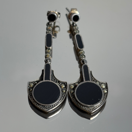 Vintage 1920's Sterling Onyx & Marcasite Earrings