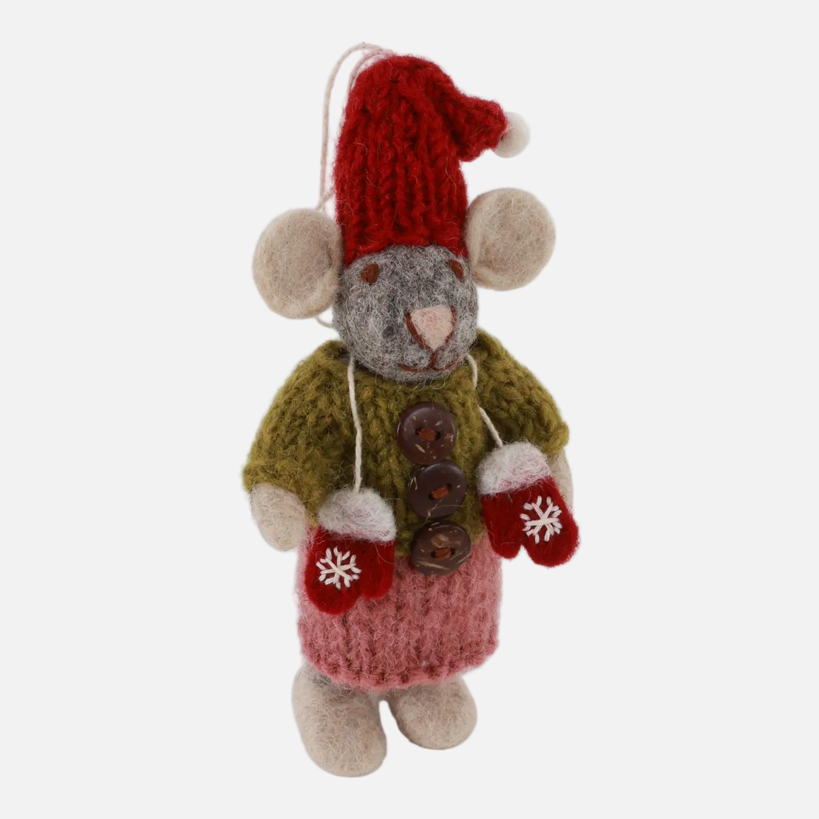 Decorative felted mouse ornament wearing a red knitted hat, green sweater, and pink skirt on a white background. Handmade, fair trade, by Gry and Sif.