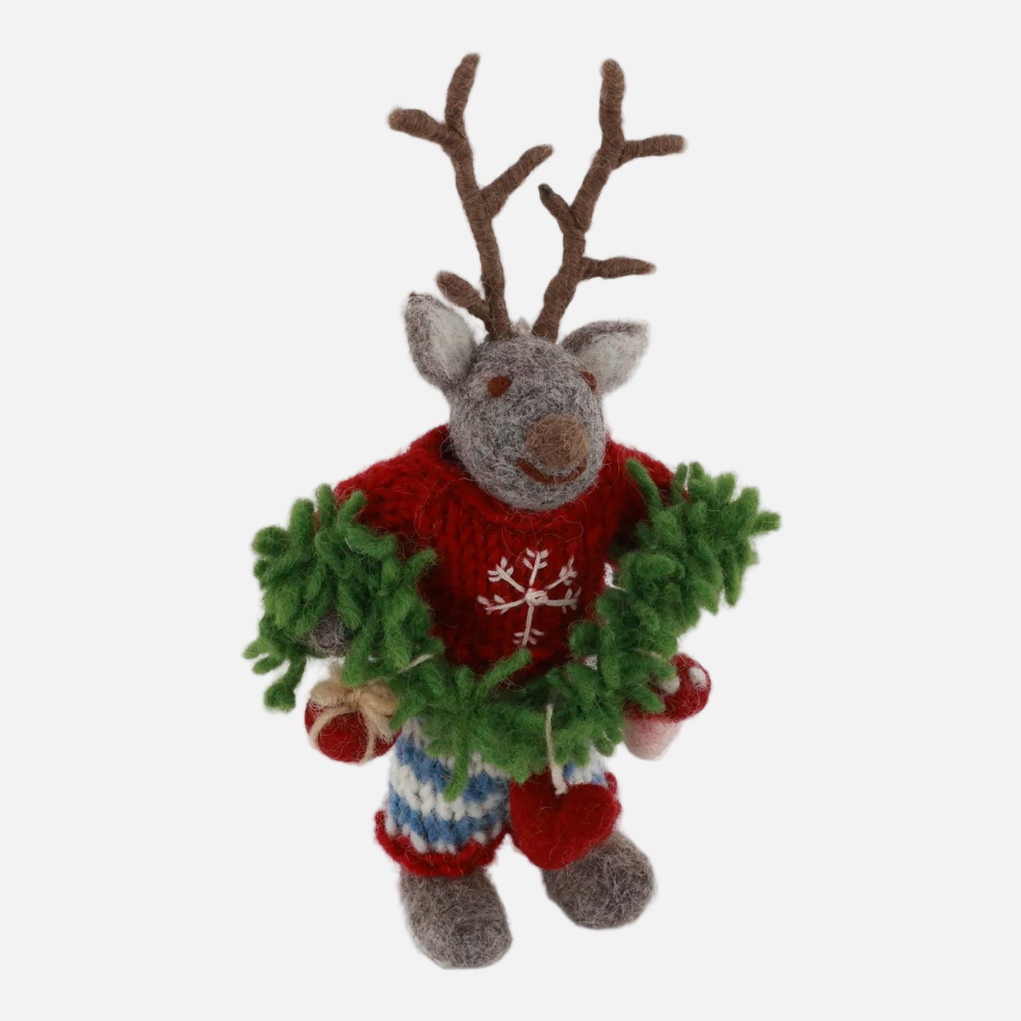 Felted Reindeer with knit sweater and festive garland, handmade and fair trade by Gry and Sif.