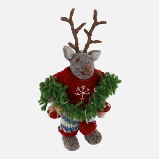 Felted Reindeer with knit sweater and festive garland, handmade and fair trade by Gry and Sif.