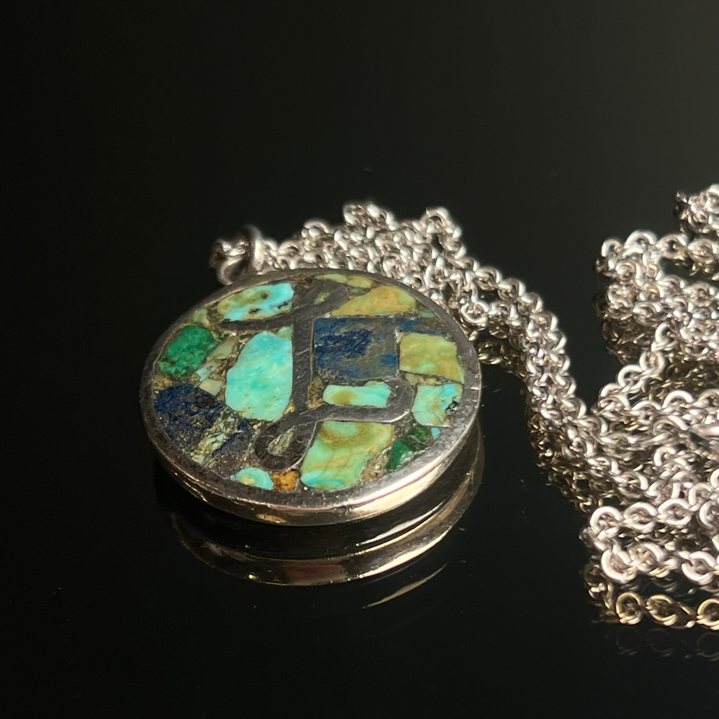 Vintage Los Castillo Sterling Silver Mosaico Necklace with Letter “L” Pendant