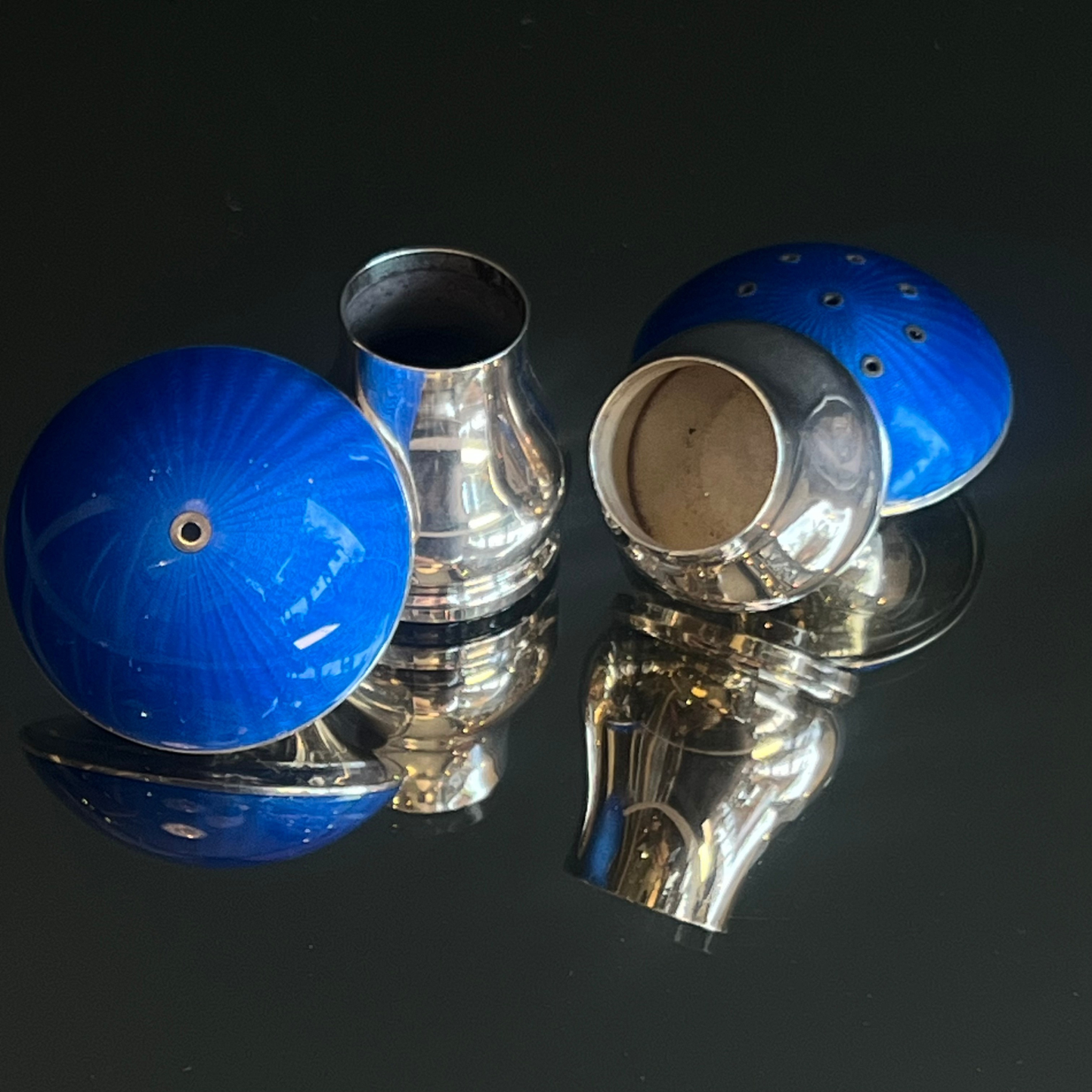 Midcentury Ela Denmark Sterling Silver & Blue Enamel Mushroom Salt & Pepper Set