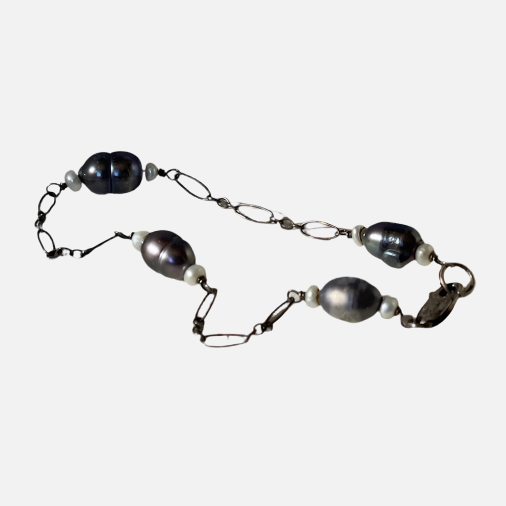 Custom Made 1990's Baroque Black Pearl & Sterling Bracelet (38.2)