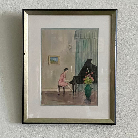 Vintage George Raab Girl at Piano Painting, Framed
