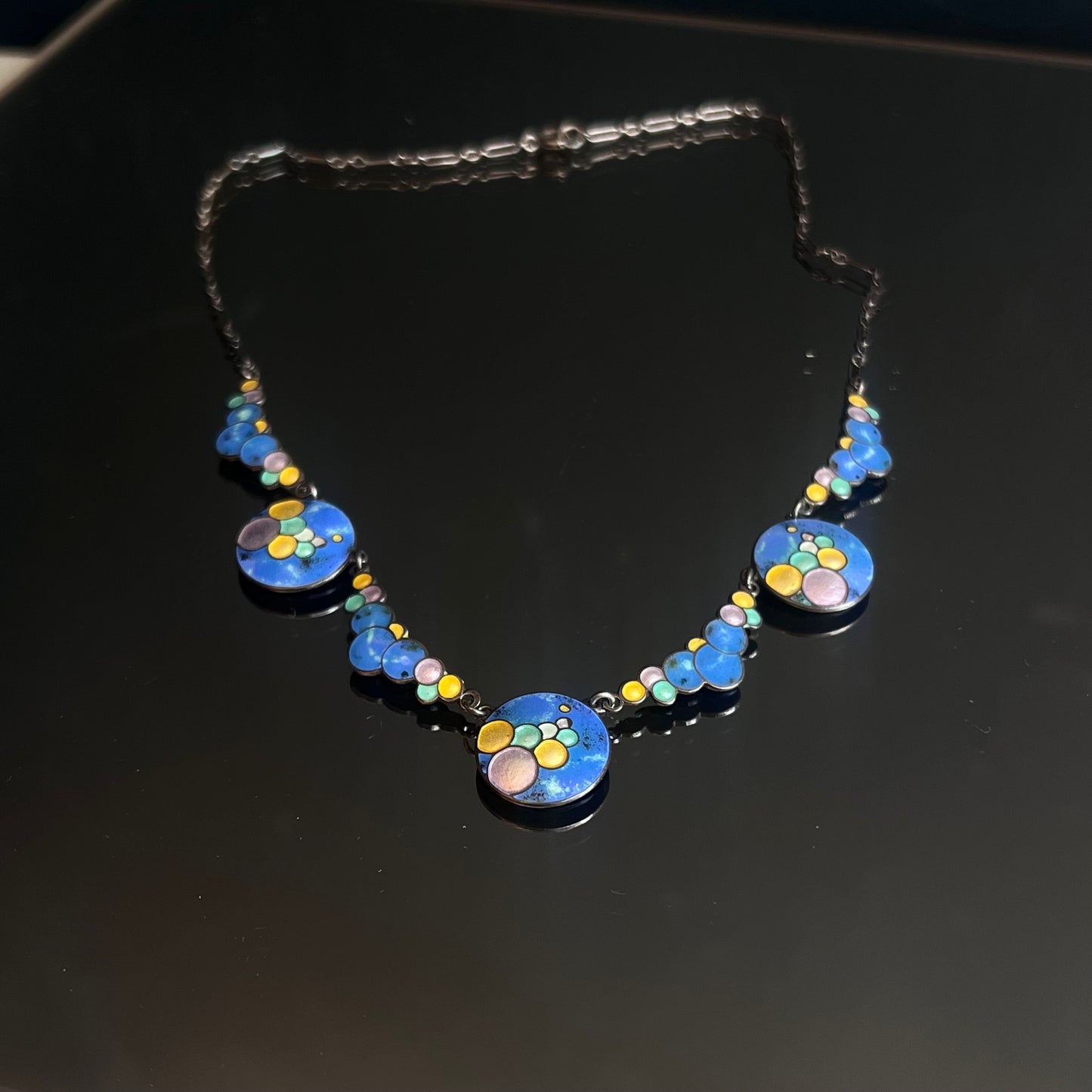 Vintage 1920's Sterling Silver & Enamel Necklace Bubble RARE