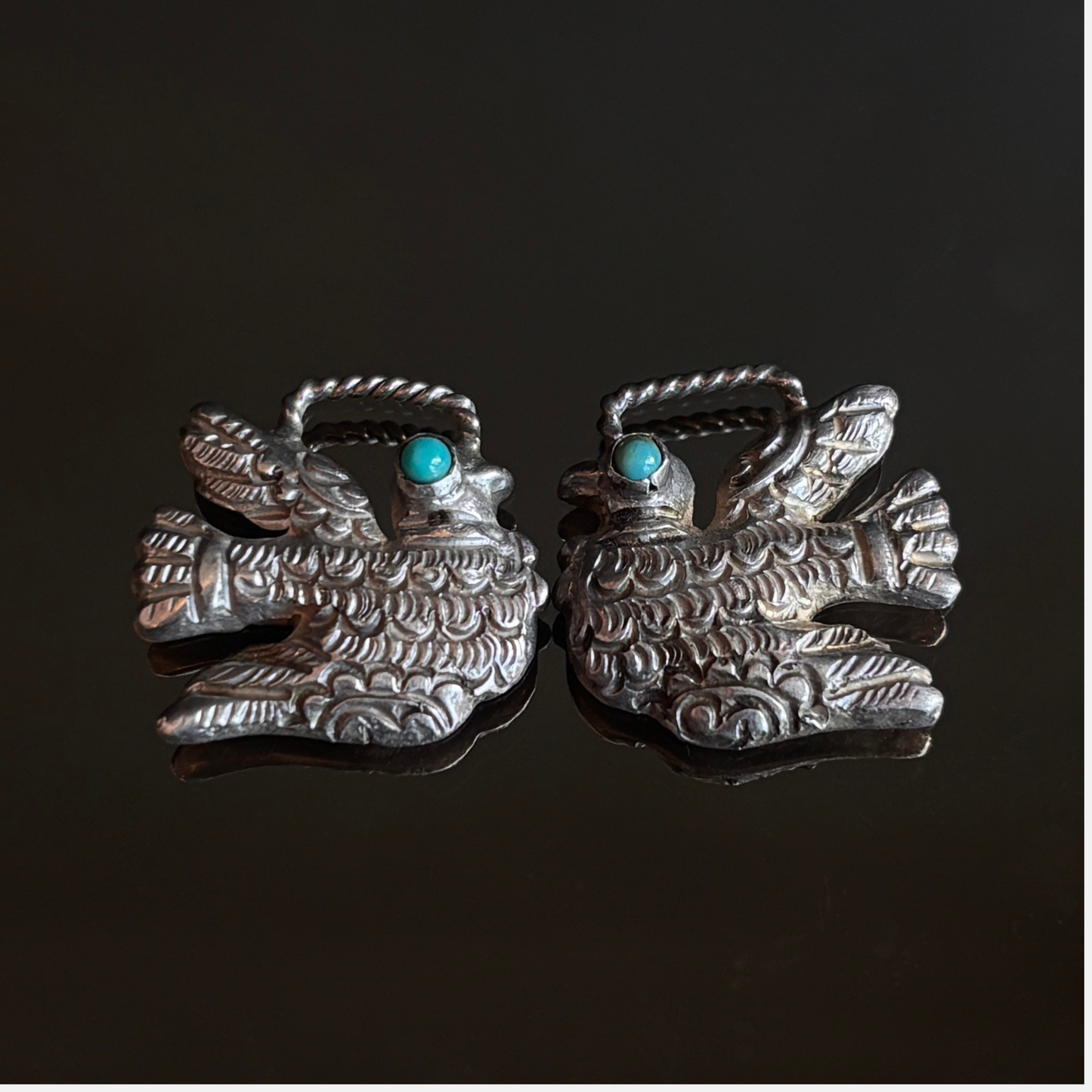 Vintage MATL Matilde Poulat Mexican Silver & Turquoise Bird Terminals (Pair)