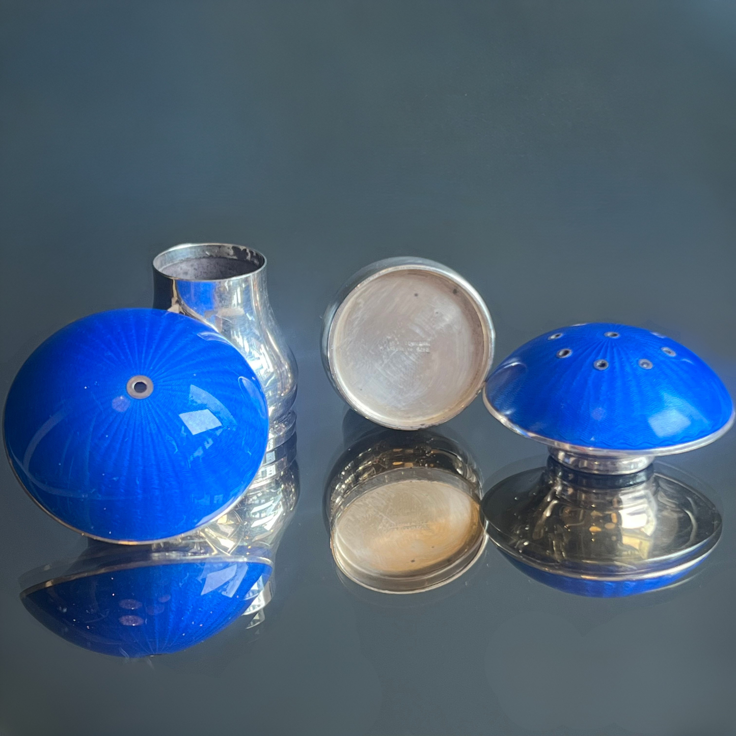 Midcentury Ela Denmark Sterling Silver & Blue Enamel Mushroom Salt & Pepper Set