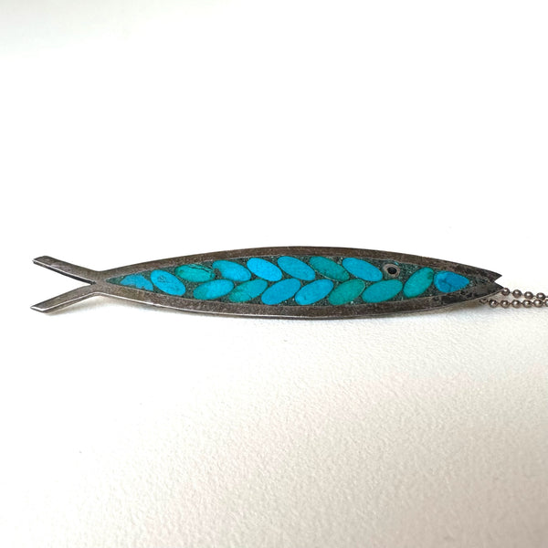 Vintage Ana Sosa Silver and Turquoise Fish Pin/Necklace (50)