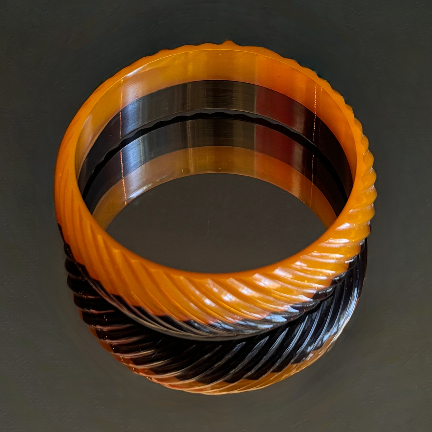 Vintage Butterscotch & Black Diagonal Carved Bakelite Bangle Bracelet