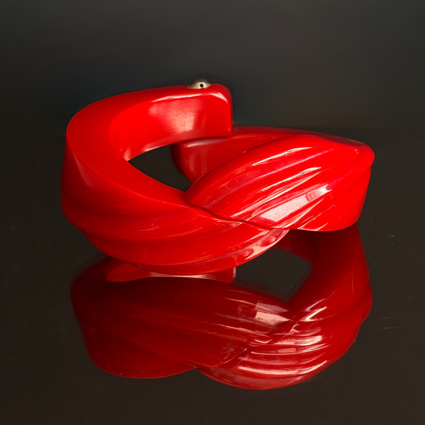 Vintage Cherry Red Carved Bakelite Hinge Clamper Bracelet