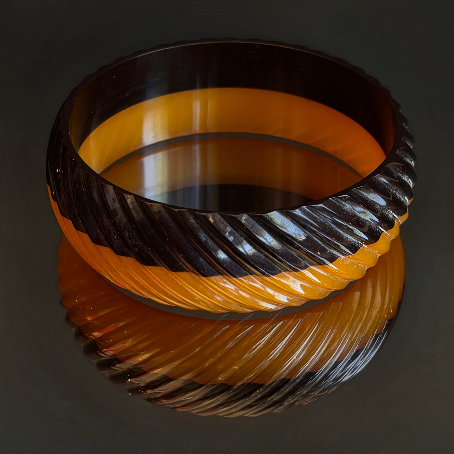 Vintage Butterscotch & Black Diagonal Carved Bakelite Bangle Bracelet