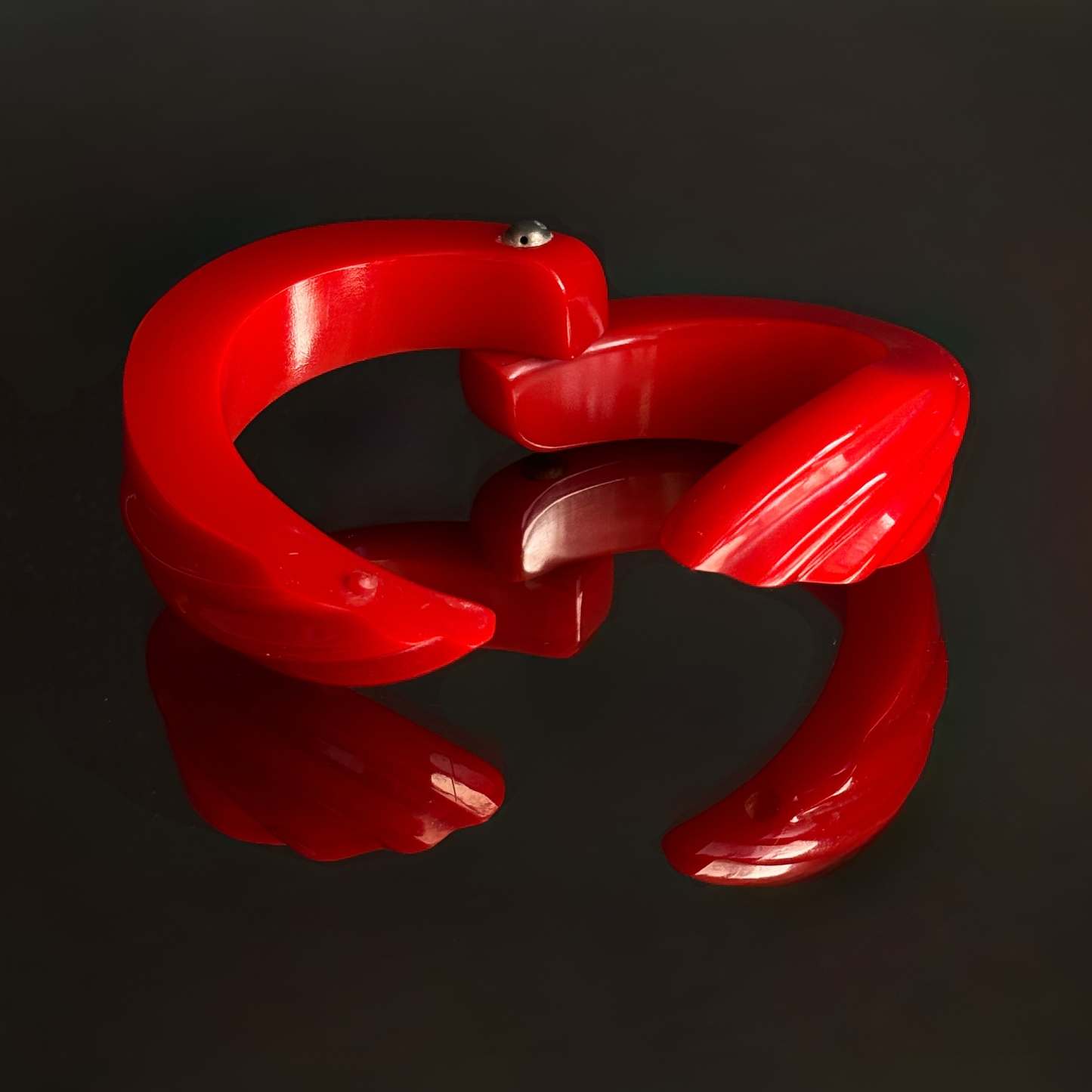 Vintage Cherry Red Carved Bakelite Hinge Clamper Bracelet
