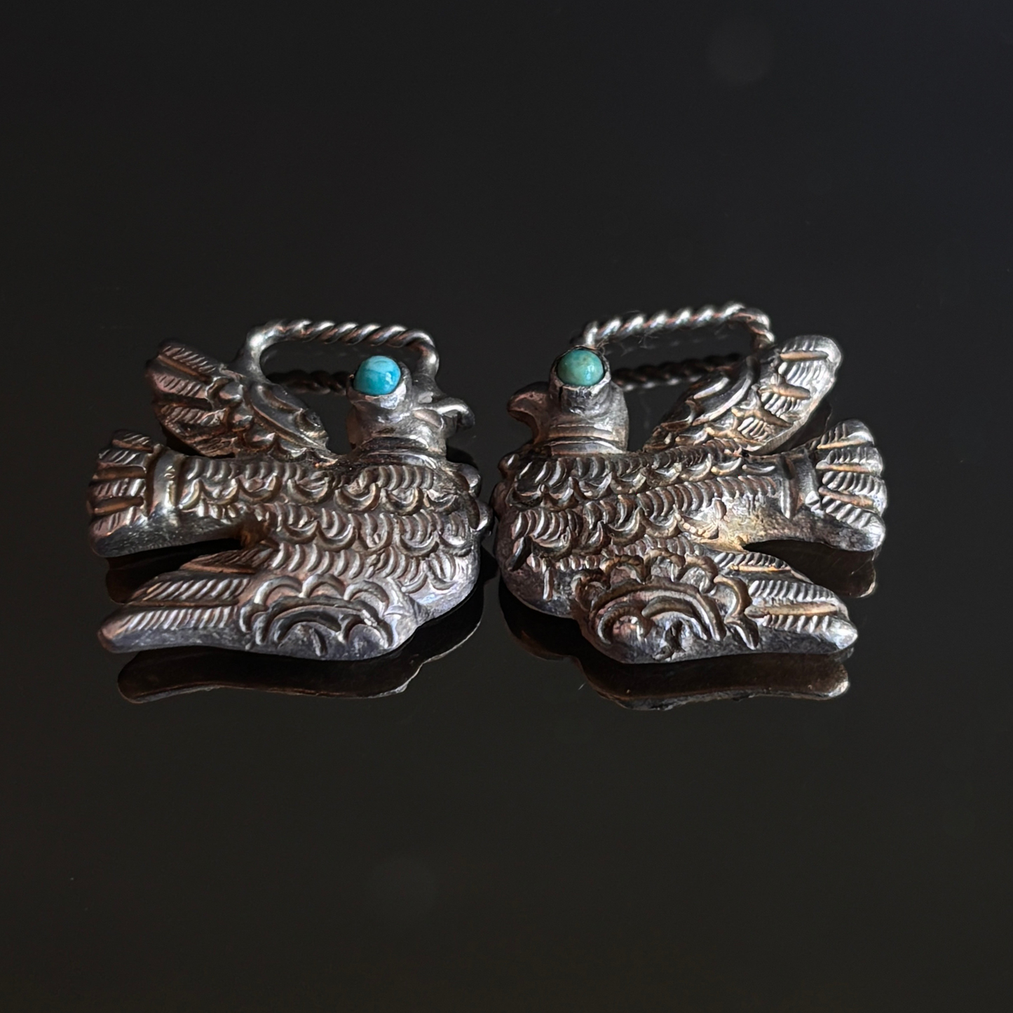Vintage MATL Matilde Poulat Mexican Silver & Turquoise Bird Terminals (Pair)