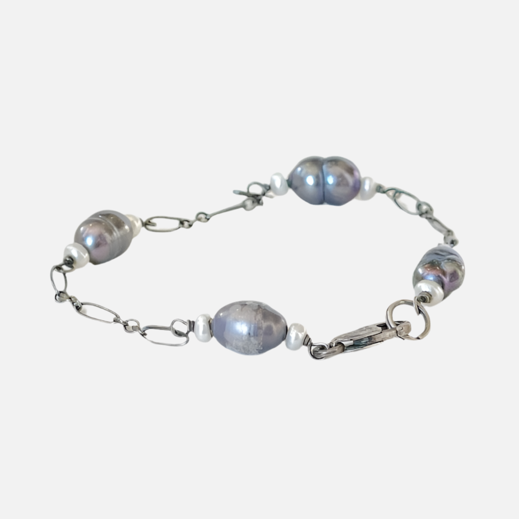 Custom Made 1990's Baroque Black Pearl & Sterling Bracelet (38.2)