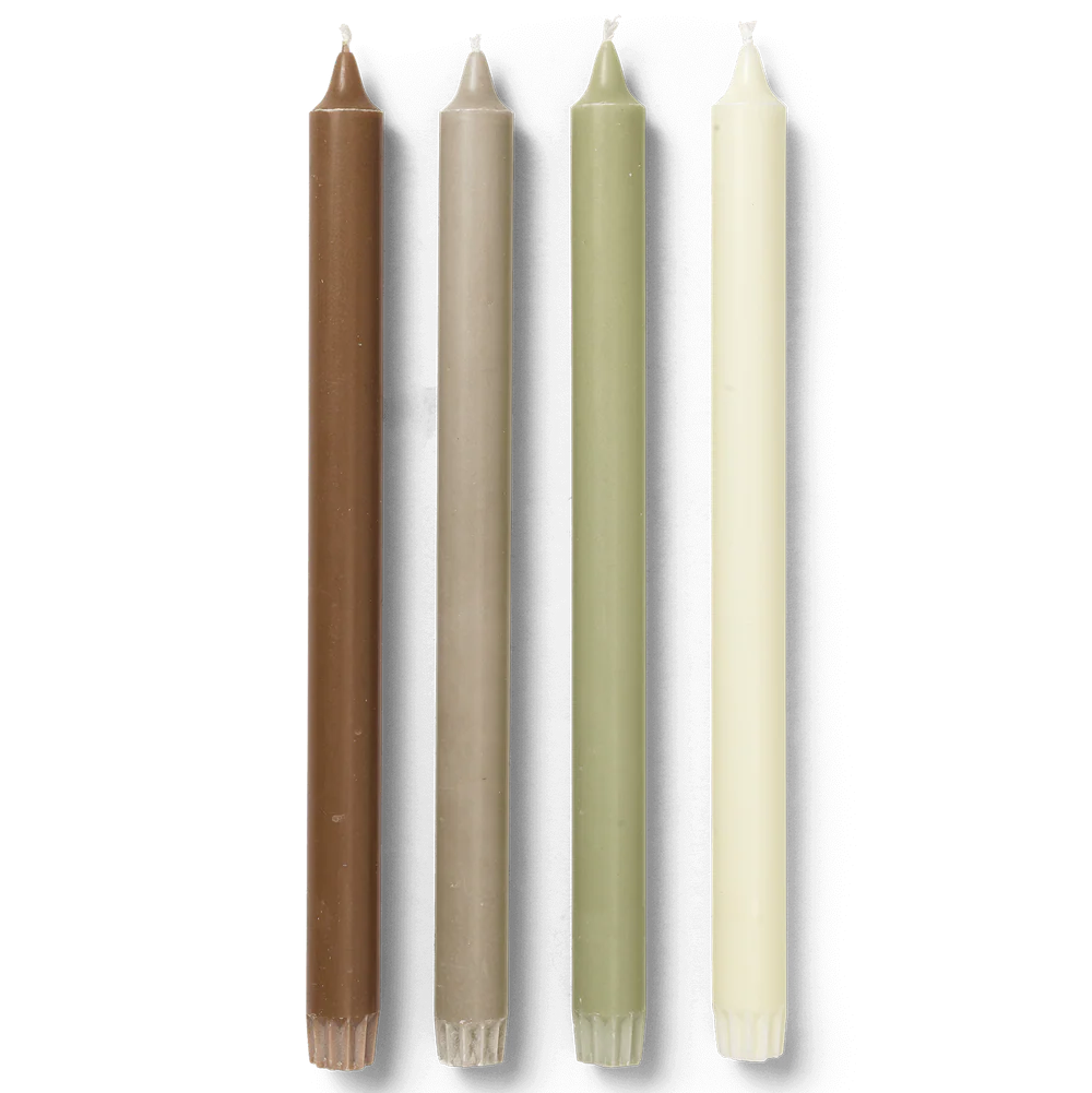 Four candles in brown, beige, green, and cream colors on a white background