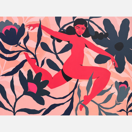Woman Jumping Through Flowers Painting