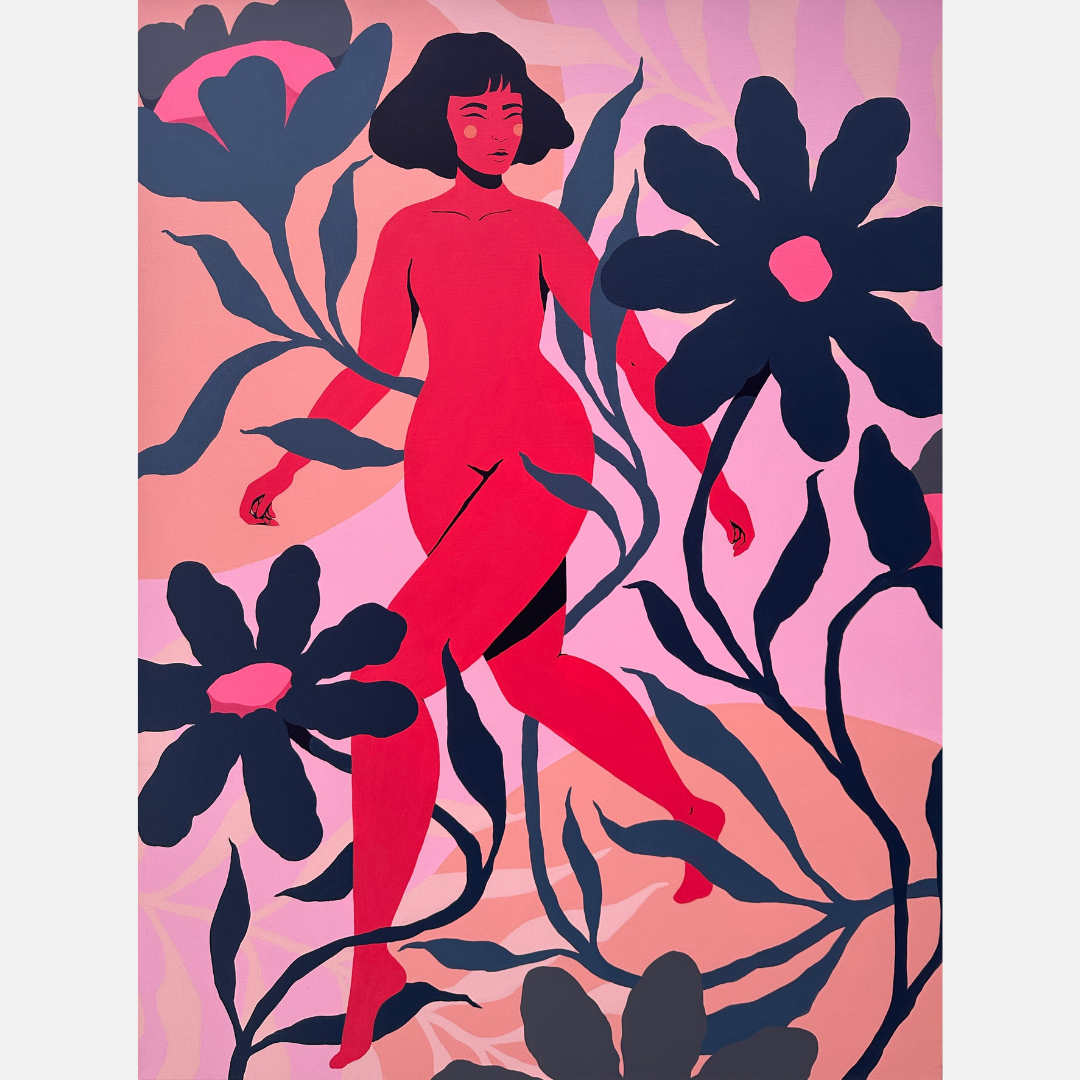 Acrylic Painting of women in flowers, pink, red and blue