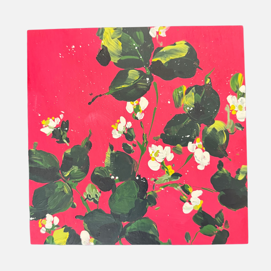 Original Floral painting with green leaves and white flowers on a pink background