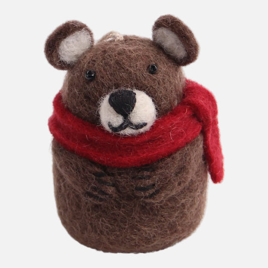 Felted brown bear figurine with a red scarf made by Gry and Sif, handmade, fair trade