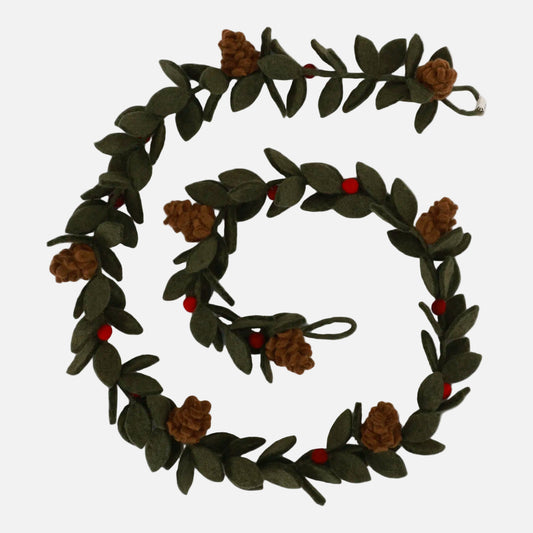 Felt wreath with green leaves, pine cones, and red berries by Gry and Sif, handmade, fair trade.