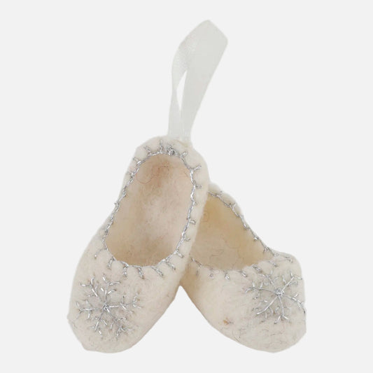 Pair of decorative felted ballet shoes with embroidered snowflake patterns by Gry and Sif, handmade, fair trade