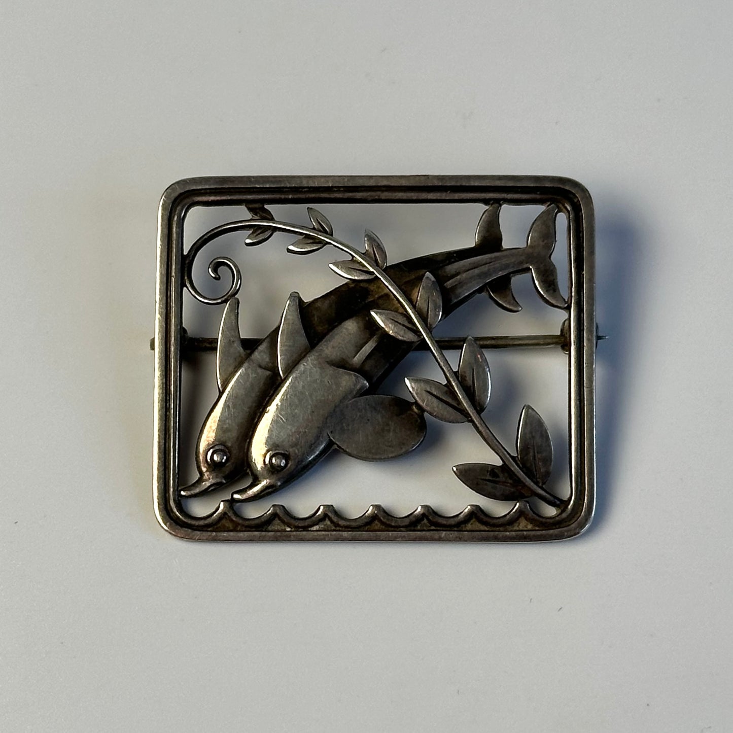 Vintage Georg Jensen Sterling Square Dolphin Duo Brooch