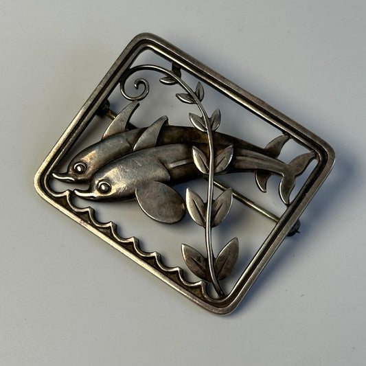 Vintage Georg Jensen Sterling Square Dolphin Duo Brooch