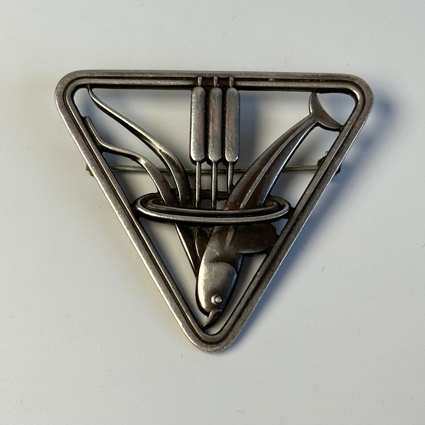 Vintage Georg Jensen Sterling Triangle Dophin & Cattails Brooch