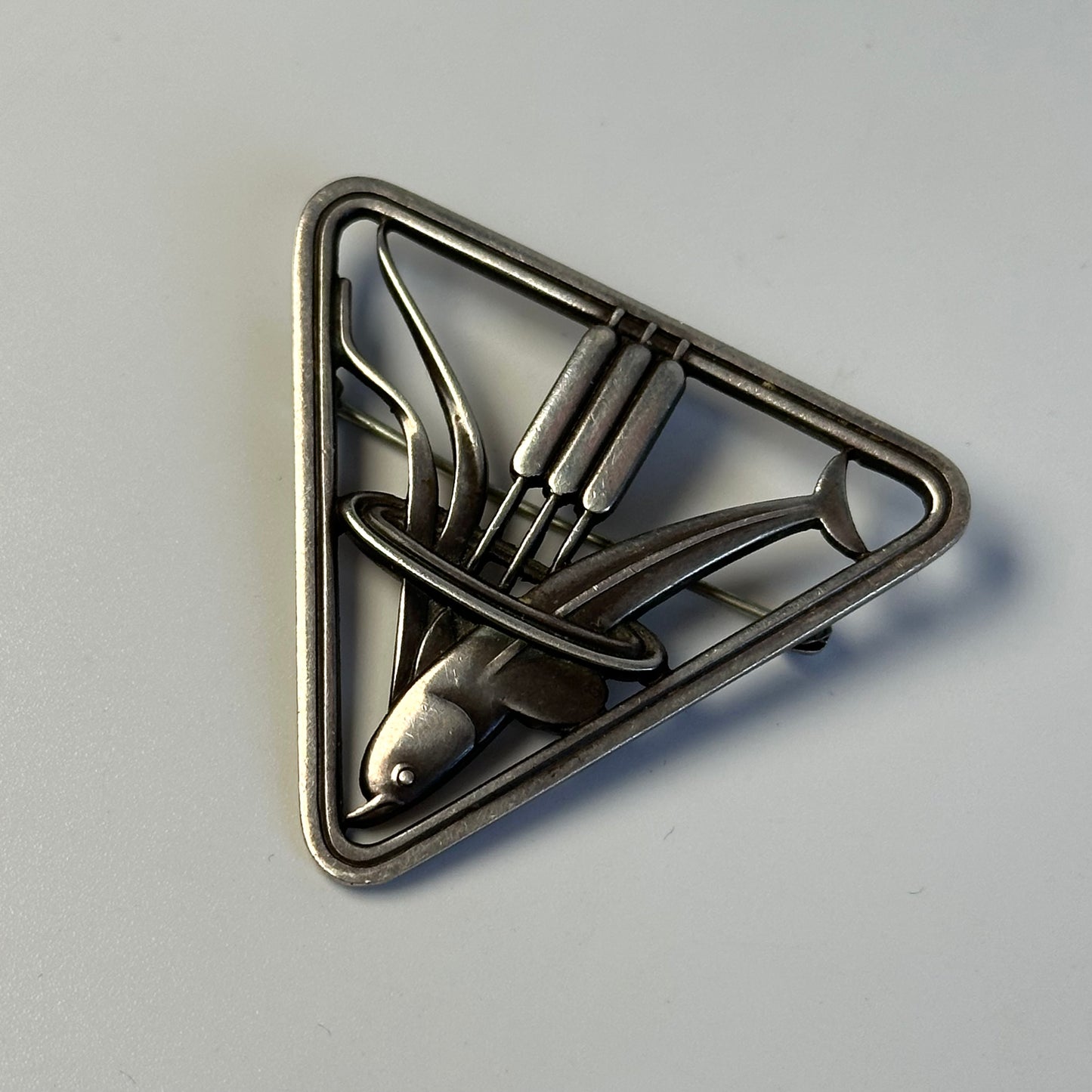 Vintage Georg Jensen Sterling Triangle Dophin & Cattails Brooch