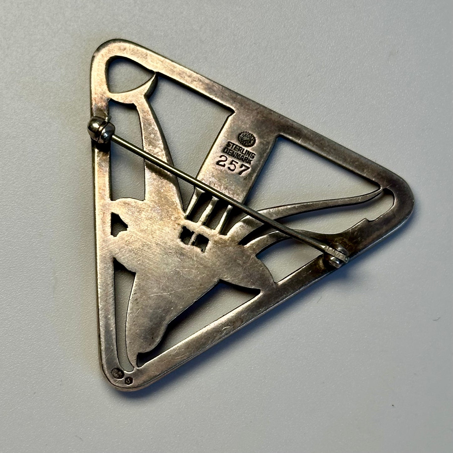 Vintage Georg Jensen Sterling Triangle Dophin & Cattails Brooch