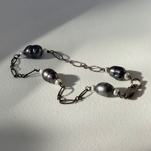 Custom Made 1990's Baroque Black Pearl & Sterling Bracelet (38.2)