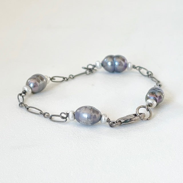 Custom Made 1990's Baroque Black Pearl & Sterling Bracelet (38.2)