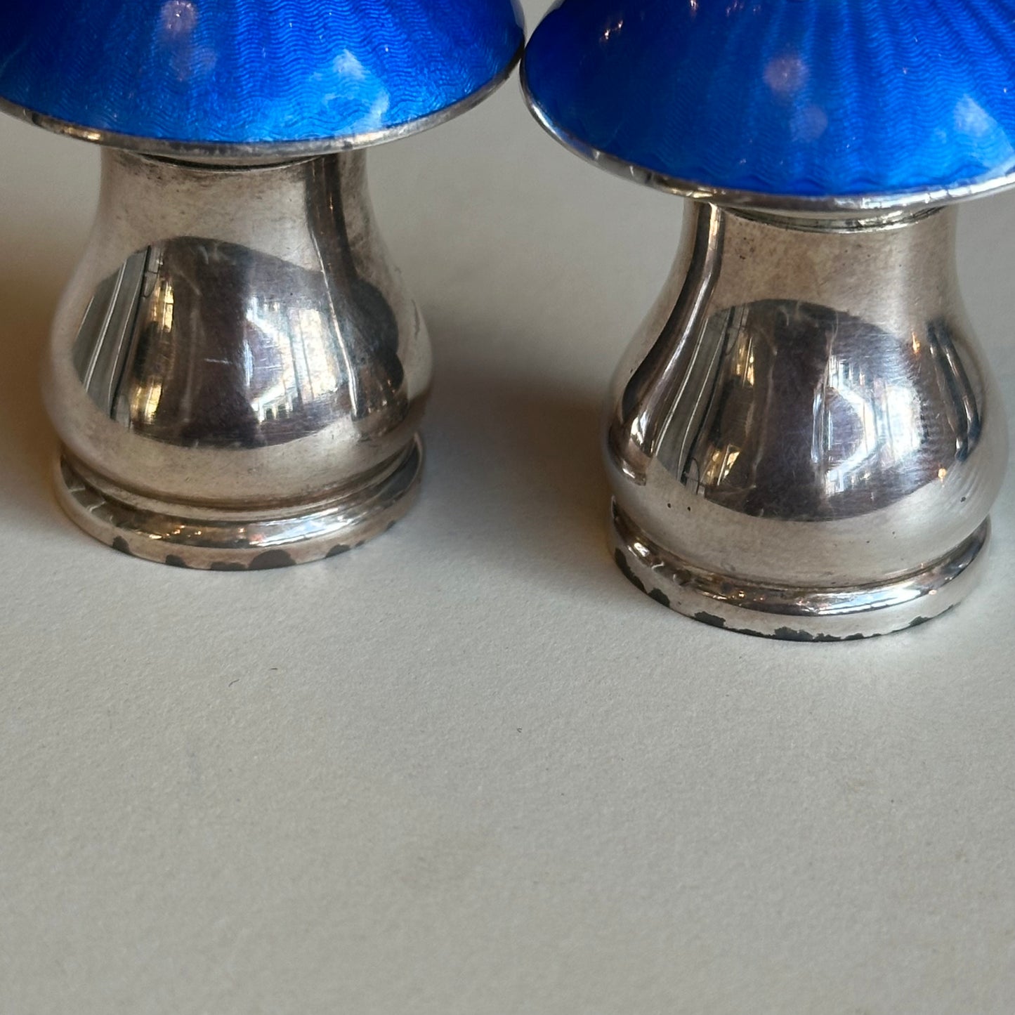 Midcentury Ela Denmark Sterling Silver & Blue Enamel Mushroom Salt & Pepper Set