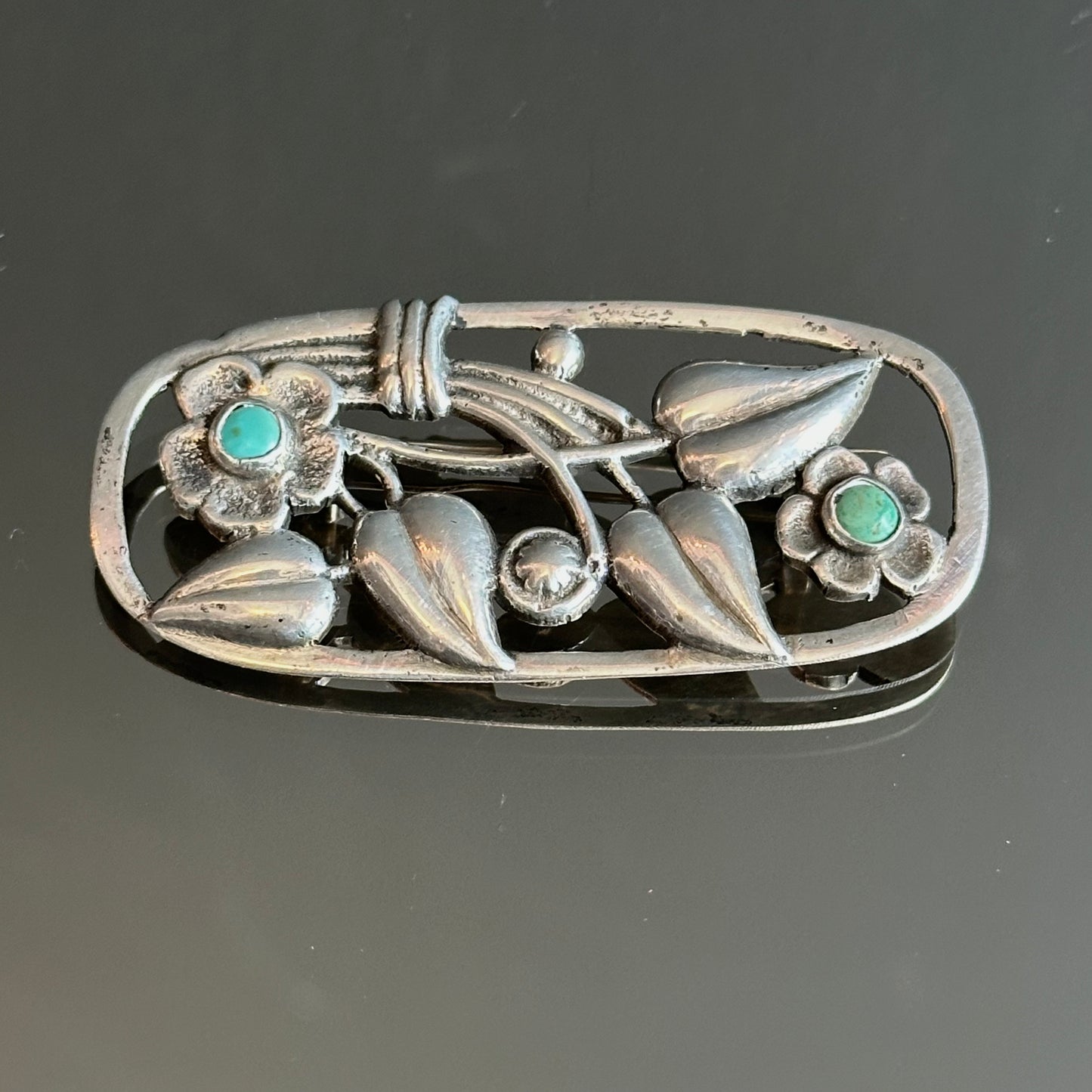 Vintage Mexican Sterling Silver & Turquoise Floral Brooch