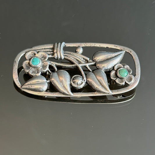 Vintage Mexican Sterling Silver & Turquoise Floral Brooch