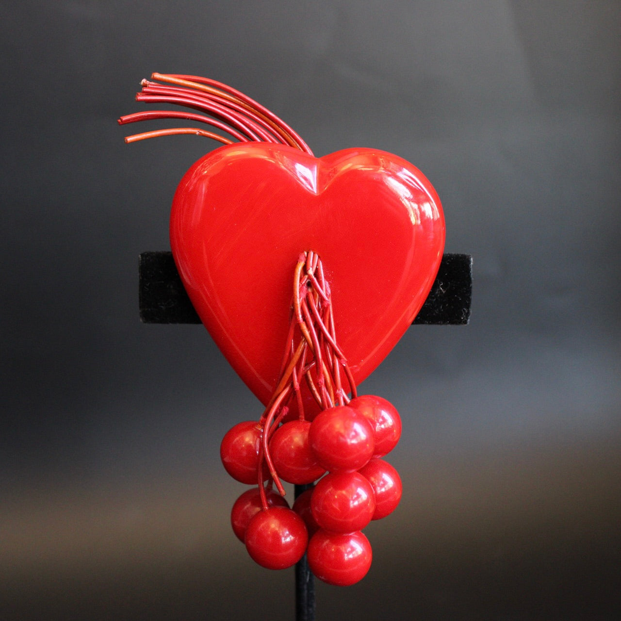 Vintage Bakelite Heart Brooch With Dangling Cherries