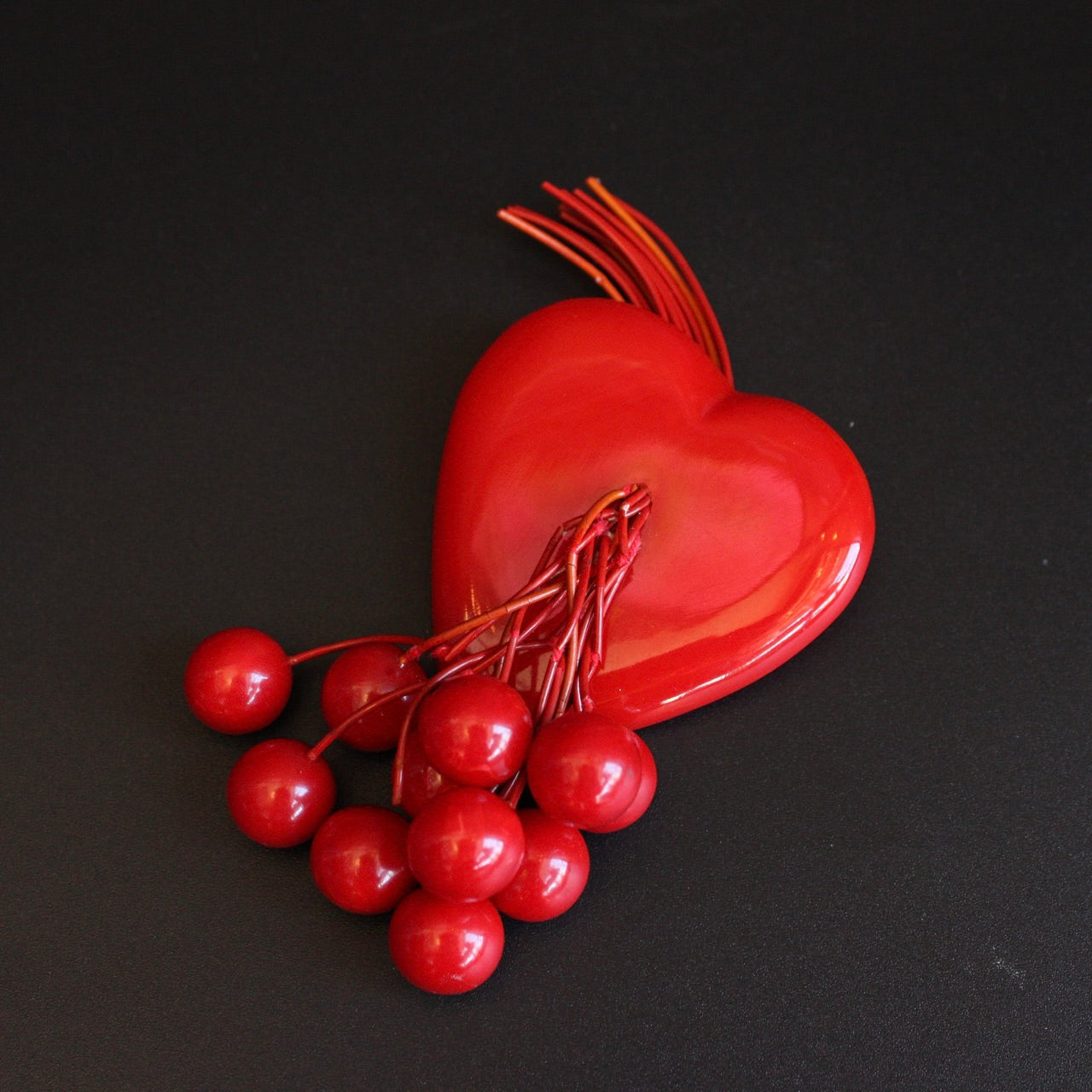 Vintage Bakelite Heart Brooch With Dangling Cherries