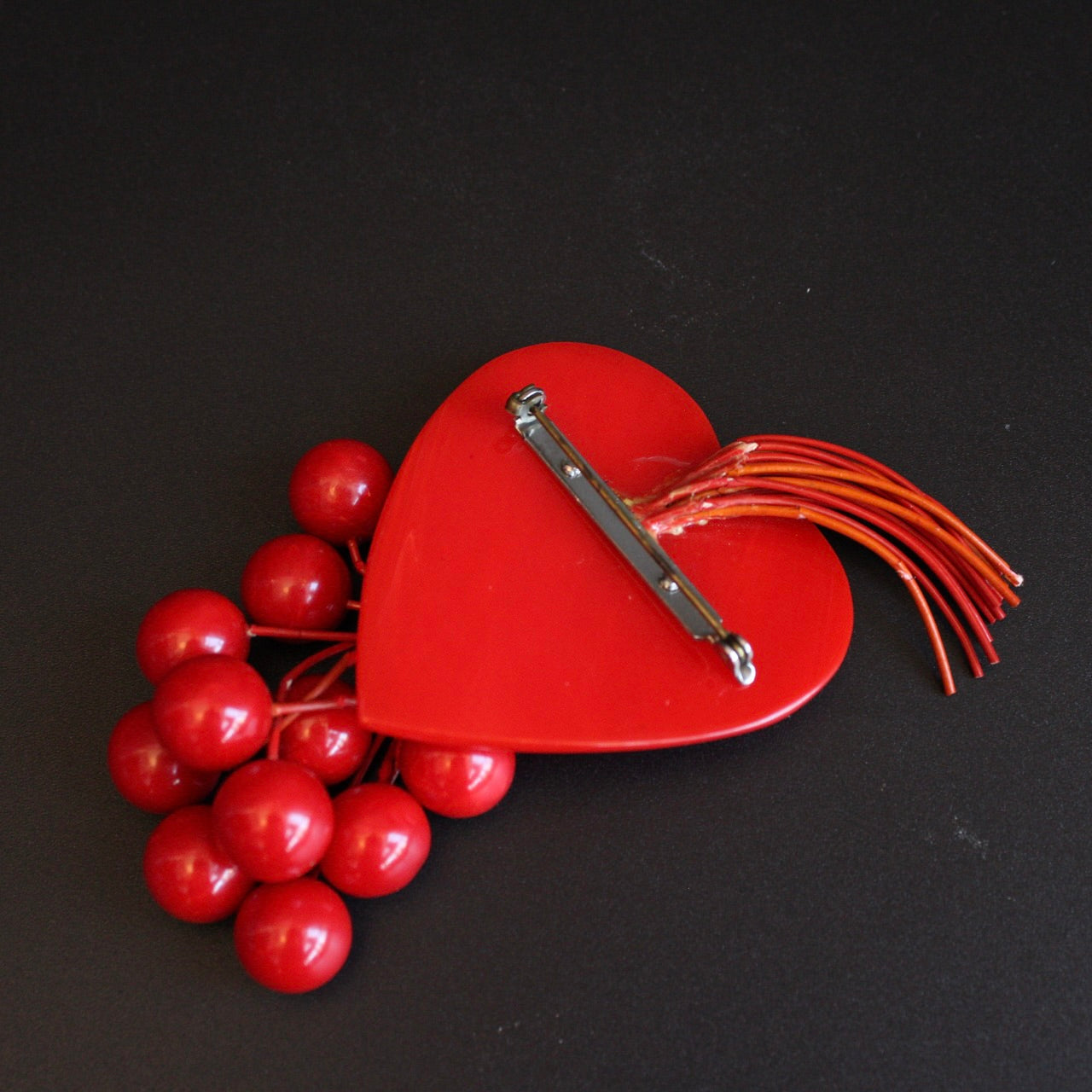 Vintage Bakelite Heart Brooch With Dangling Cherries