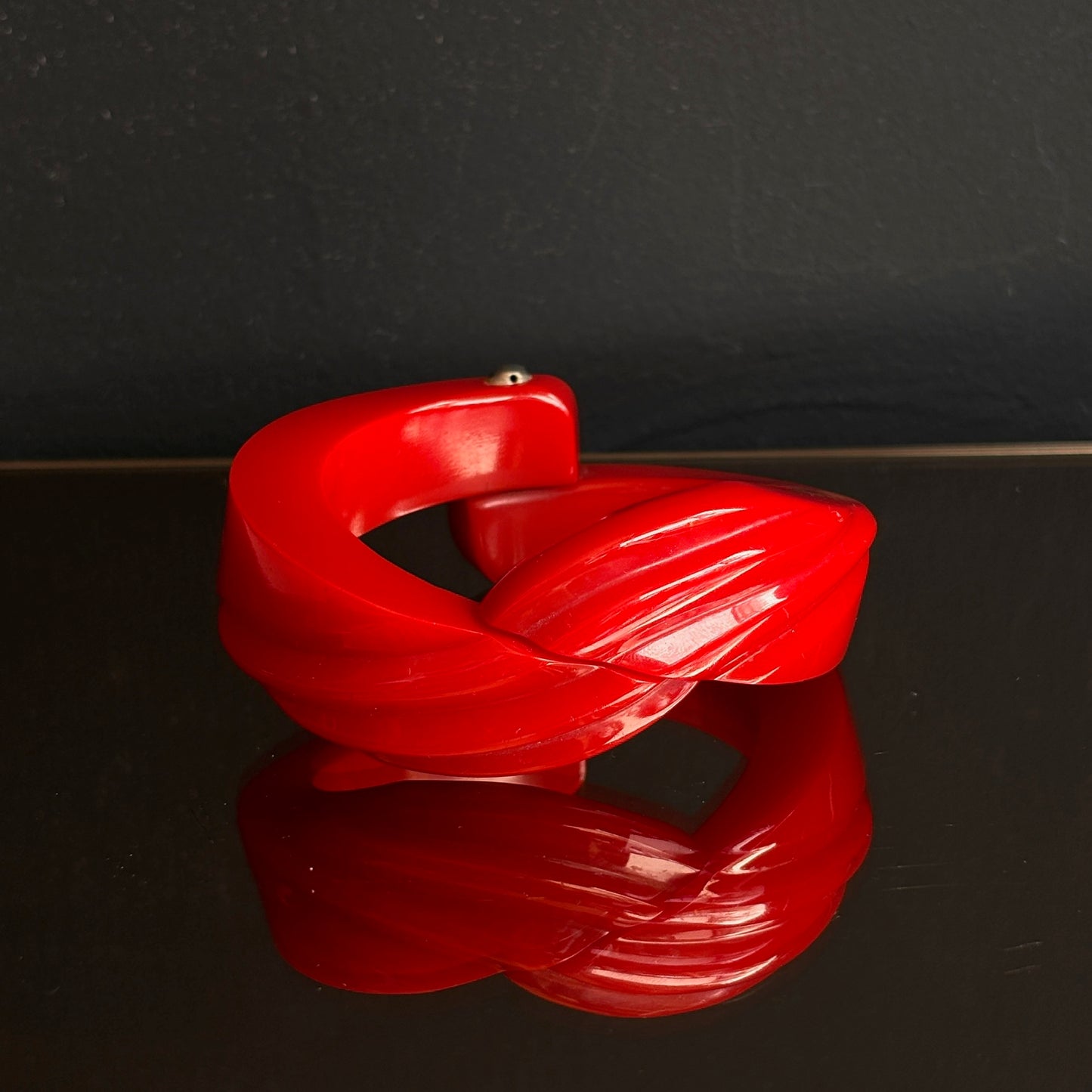 Vintage Cherry Red Carved Bakelite Hinge Clamper Bracelet