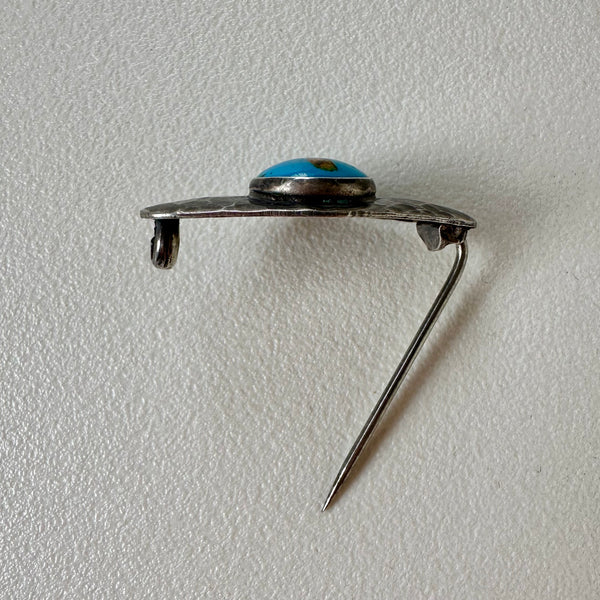 Vintage Arts & Crafts Hammered Sterling & Turquoise Pin (13)