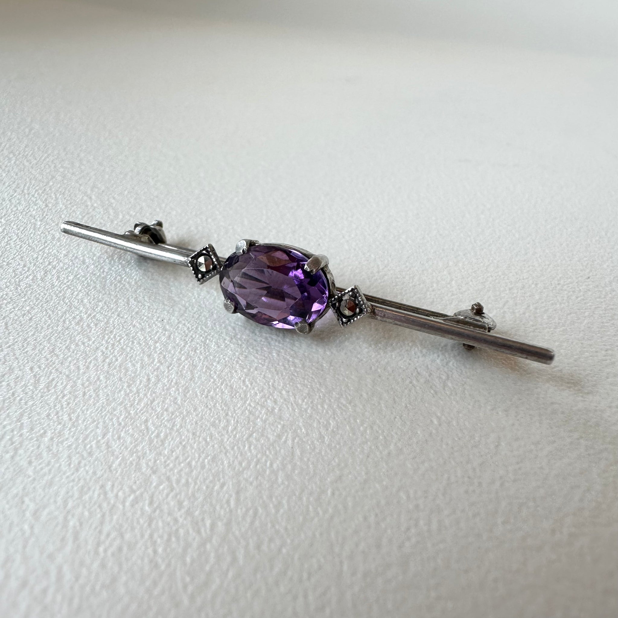 Vintage Amethyst and Marcasite Silver Bar Pin (23)